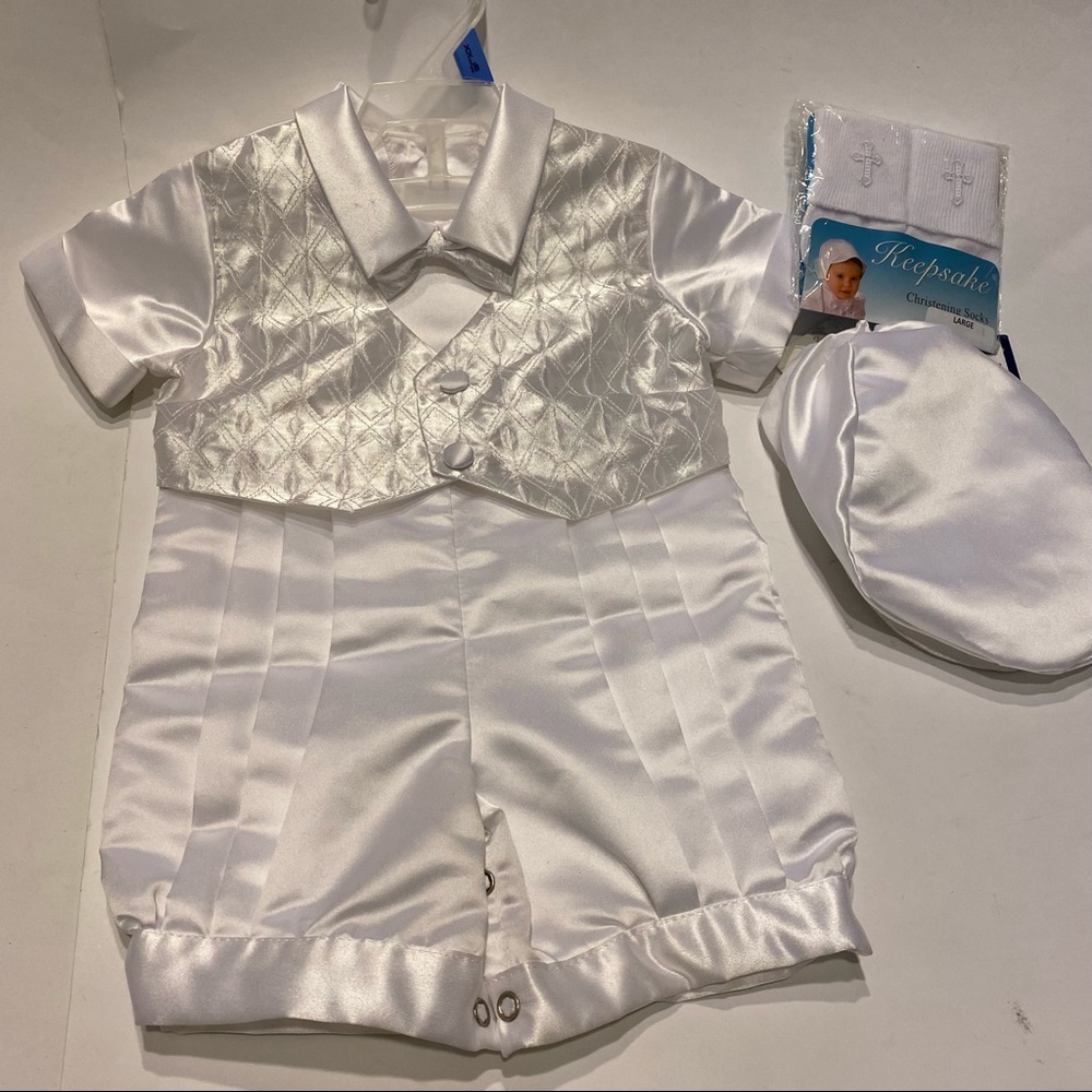 WHITE SATIN BOYS CHRISTENING ONE-PIECE w/HAT